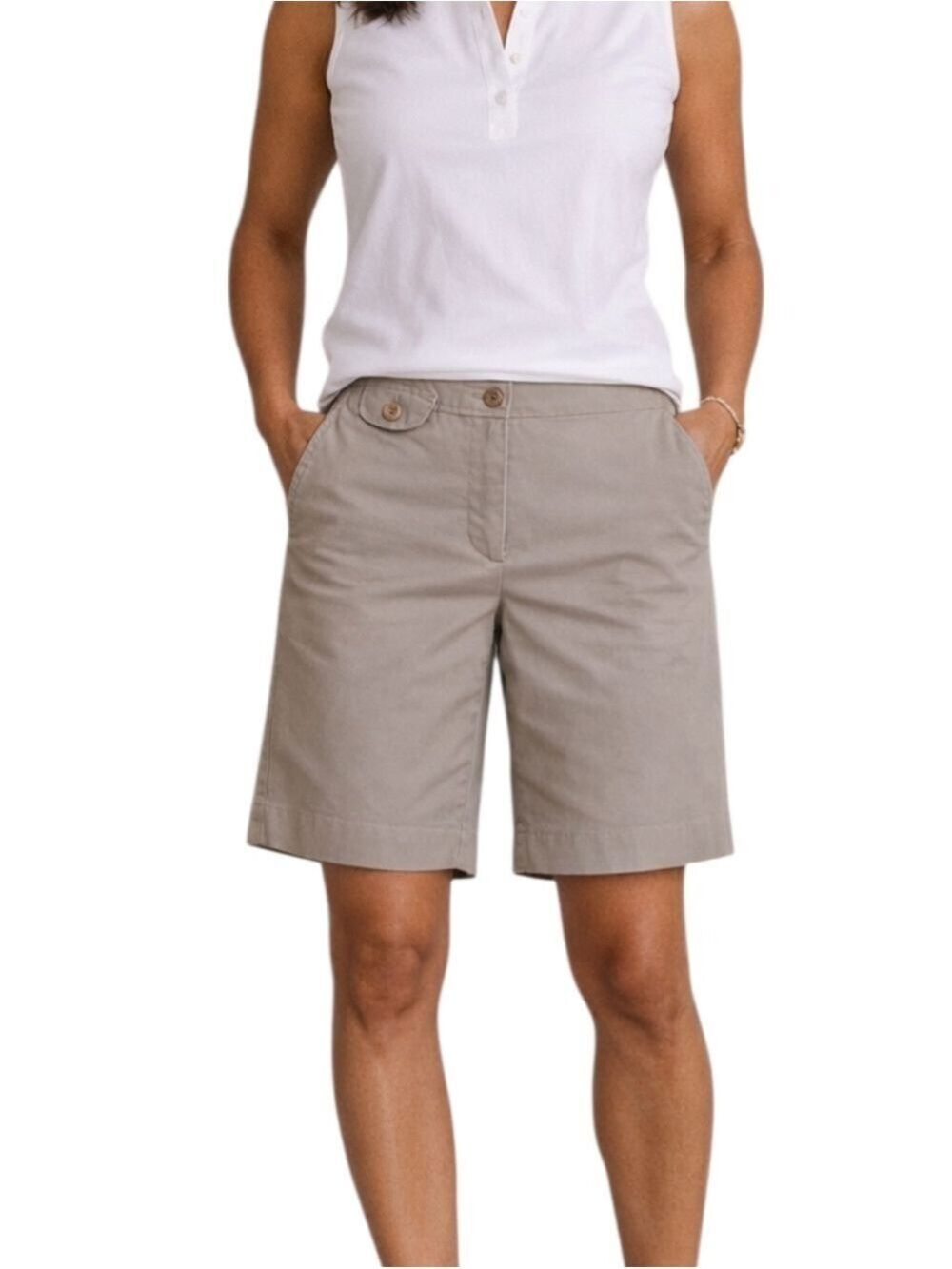 Talbots Khaki Stretch Bermuda Shorts Size 8 Mid Rise Classic Preppy